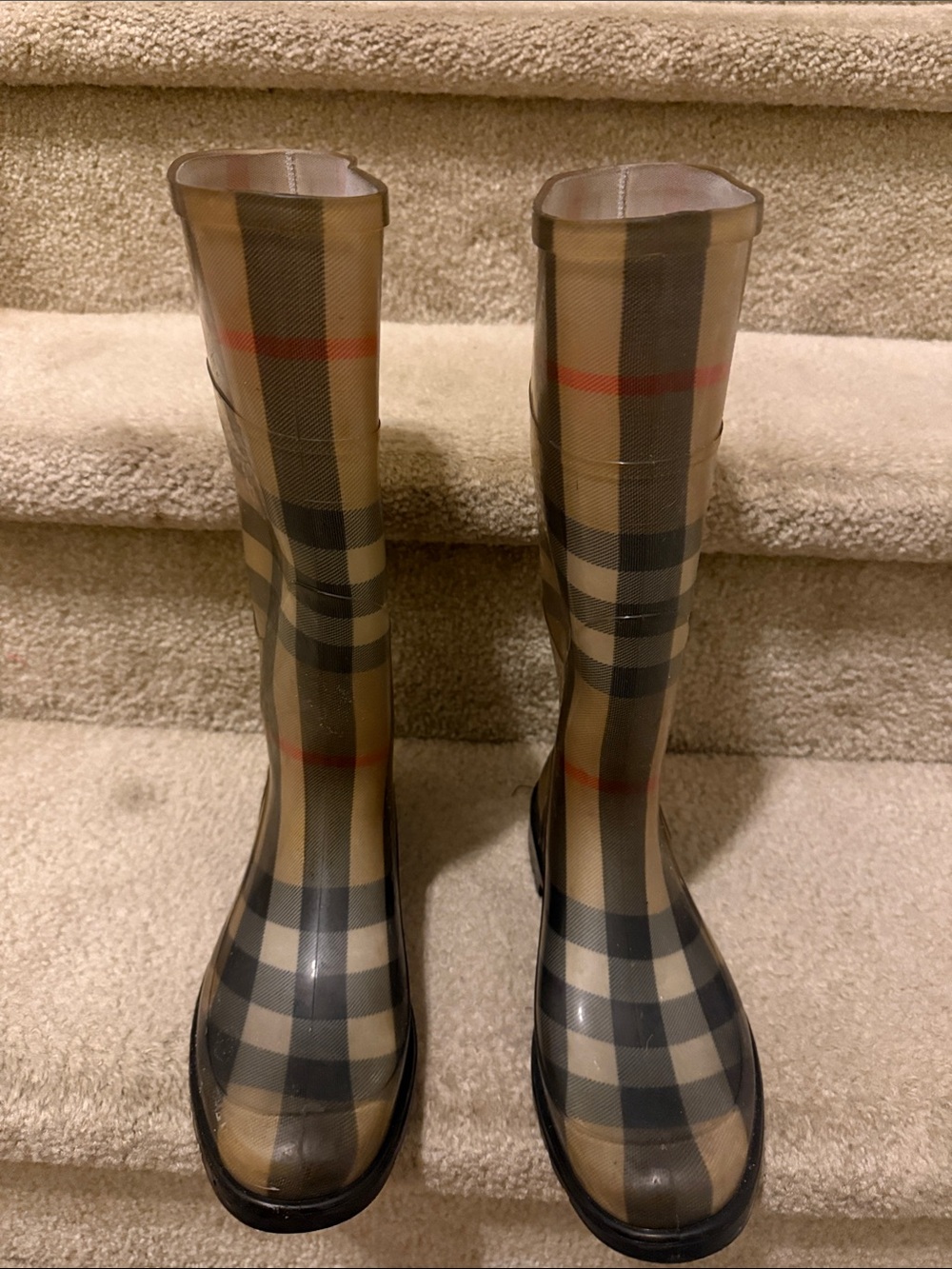 Burberry Beige Black Plaid Rain Boots with Red Accent